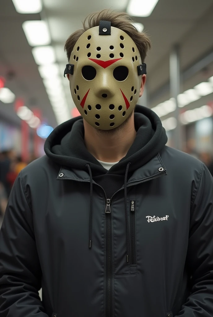 The person in the previous picture is not wearing a hockey mask.。 Please add