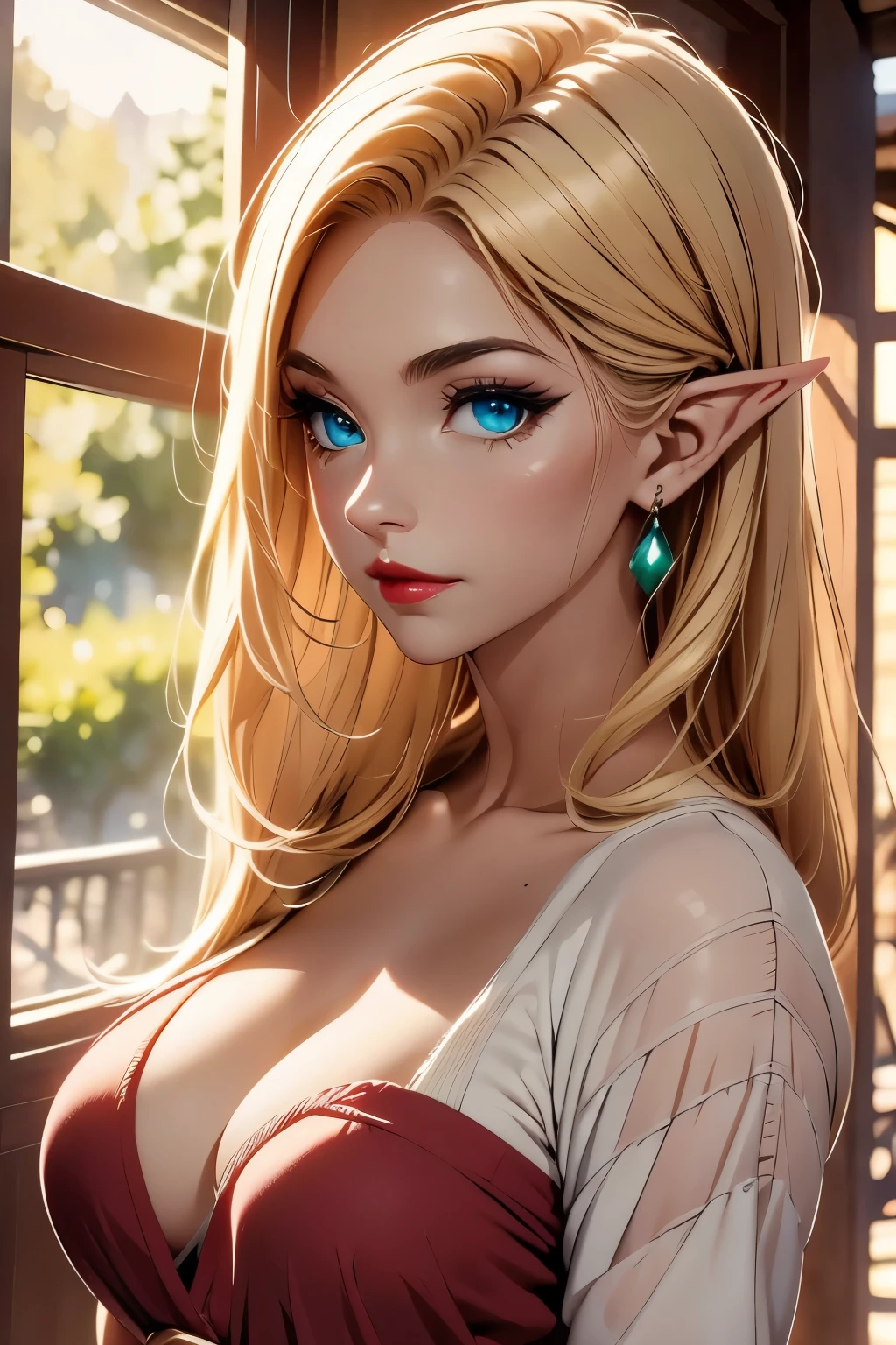Zelda, elf, CG 8k ultra-realista, beautiful woman, seductive eyes, make-up, red lips, casual clothes