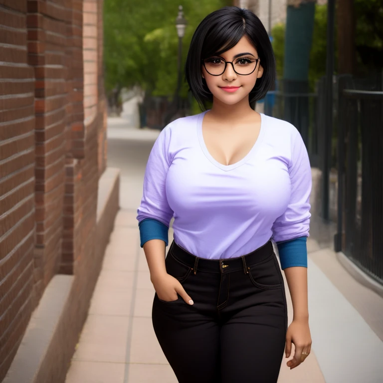 beautiful detailed, cute face, short, mexican teen, medium black hair, black hair over one eye, glasses, long-sleeved tucked in v neck T-shirt, long pants, pearshaped wide hips, solo, voluptuous breasts,