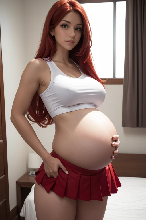 8k, masterpiece, very realistic, Full body Sexy pregnant cheerleader, very slim waist, slim thighs, pleated red cheerleader skirt, white cheer crop top, long straight red hair, medium breasts, pregnant, curved back,