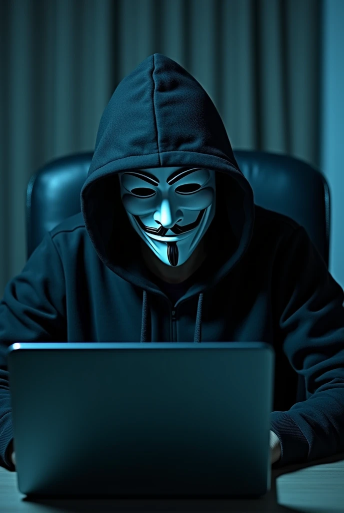 Hacker wearing hoodie with guy fawkes diy mask seeting forward on the chair with the laptop which will see properly