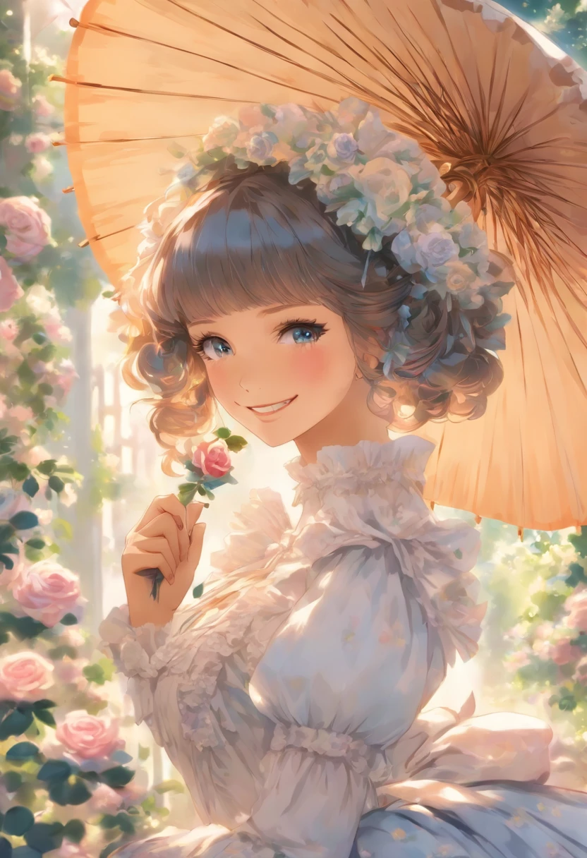 Gothic Lolita、Western Pavilion、parasol、smile、woman、Invite、Highest quality、Blue Rose Garden、Big Breasts、valley、Fantasy、