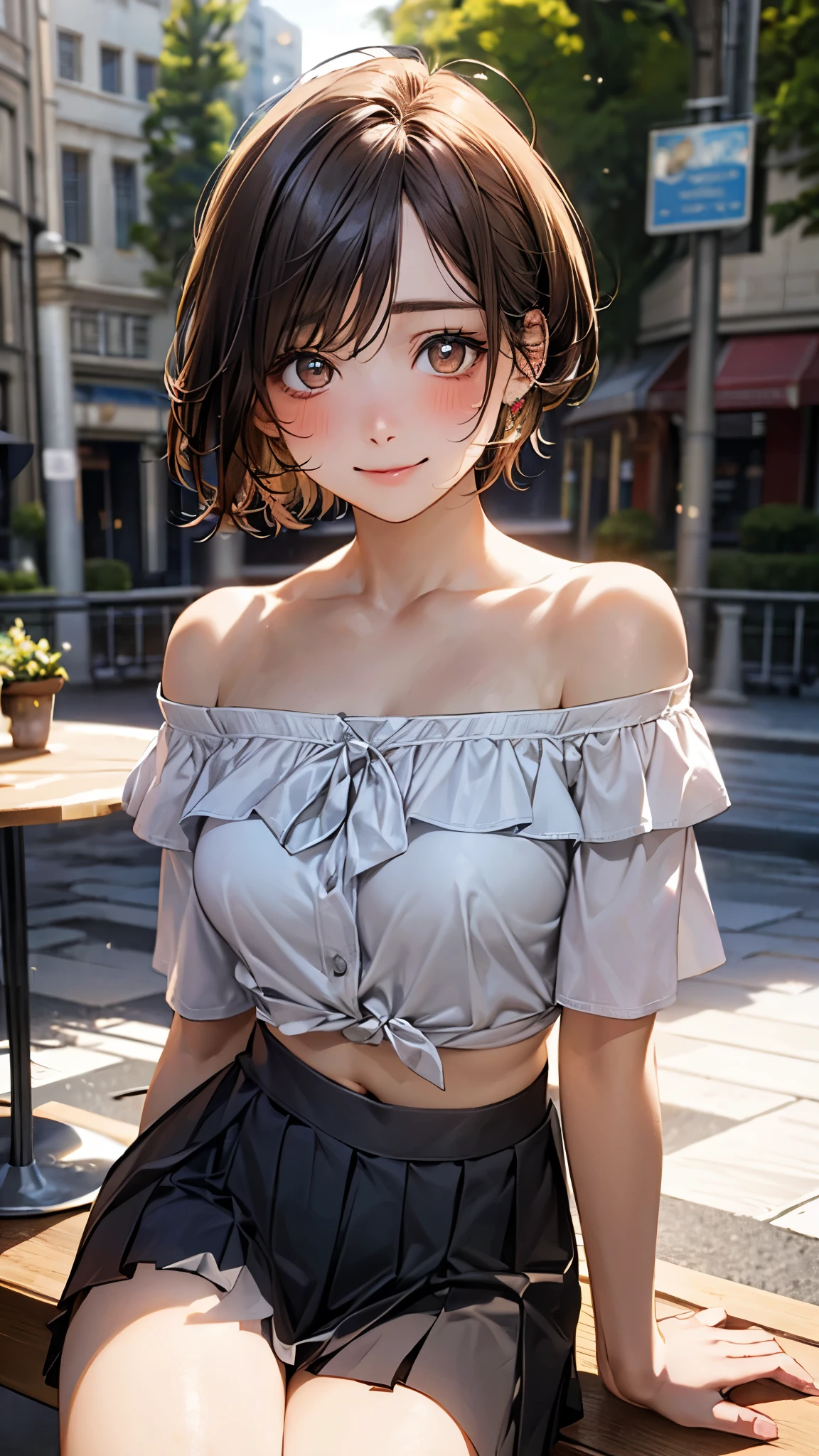 (masterpiece:1.2, top-quality), (realistic, photorealistic:1.4), beautiful illustration, (natural side lighting, movie lighting), depth of fields, nsfw,
beautiful detailed hair, beautiful detailed face, beautiful detailed eyes, beautiful clavicle, beautiful body, beautiful chest, beautiful thigh, beautiful legs,
looking at viewer, 1 girl, 12 years old, (perfect anatomy, anatomically correct, super detailed skin), cute and symmetrical face, perfect face, perfect eyes,
(very short hair, pixie cut hairstyle, light brown hair), bangs, gold eyes, big eyes, long eye lasher, (large breasts, seductive thighs), perfect body, shiny skin, pink skin,
(detailed cloth texture), break ((short sleeve puff sleeve off shoulder white blouse, midriff:1.1)), break (grey pleated skirt), break (lovely smile, moist eyes, blush),
(beautiful scenery), noon, (fashionable cafe terrace, outdoors, white parasol, sunlight, lemonade on the table), sitting at terrace seat, (take a bite of lemon),
