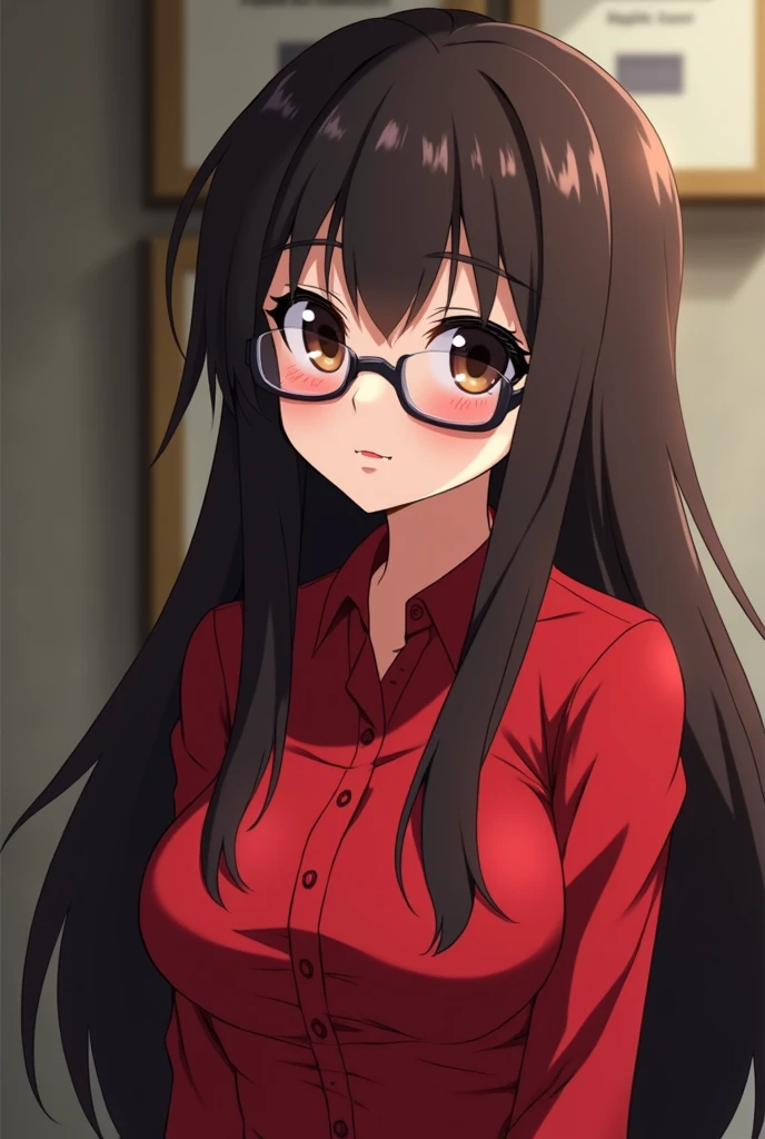 Generate an anime character with big breasts, Playful but shy that inverts to morbidity, She must have long dark brown hair, dark brown eyes, juicy lips, an oval, chubby face, secretary glasses, and red clothing.