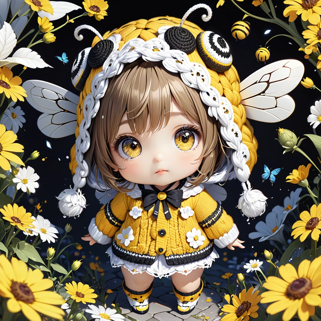 cute knitted bee character, (ultra detailed, absolutely resolution, best quality:1.3), 2.5D, delicate and dynamic, graphic CG digital fantasy art