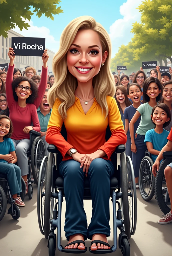 I am a wheelchair user, white, have brown eyes and long blond and dark hair and I am a candidate for councilor.. I would like you to create a caricature of a wheelchair user in front with a yellow and red blouse and happy and a crowd of happy people and in the middle of the crowd children and adults in wheelchairs and holding signs with the name Vi Rocha