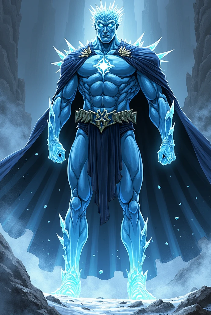 Create a detailed comic-style illustration of a superhero named Umbra. He stands at an imposing 2.5 meters tall, with a body made entirely of translucent, solid ice, showcasing well-defined, muscular features. His presence is both intimidating and majestic. On his head, he wears a natural crown of sharp ice stalactites, enhancing his powerful and regal appearance. His eyes glow with a piercing blue light, cold and intense. Draped over his massive shoulders is a black cape made of shadows that seem to shift and swirl as if alive, blending seamlessly into his icy form. The overall effect is a commanding figure of strength and mystery, exuding an aura of calm power and quiet intensity.