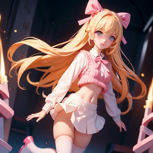 Long blonde hair girl with pink ribbon, Pink sweater vest crop top, Black short skirt, White knee-high socks, White leg warmers, In a dark tunnel,String panties