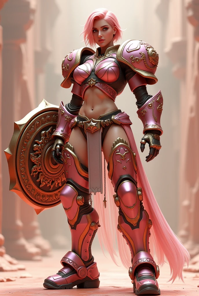 Highly detailed female characters in a team-based action-shooting video game、Job title: Tank、Holds a shield with Medusa design、Exquisitely detailed muscular body、Broad shoulders、Thick chest、Toned Abs、Developed thigh muscles、Beautifully detailed face、Very short hair、Pink gold color scheme、Heavy Armor、Concept Art、Intricate details、Hyperrealistic、8k、Highest quality、Photorealistic、masterpiece