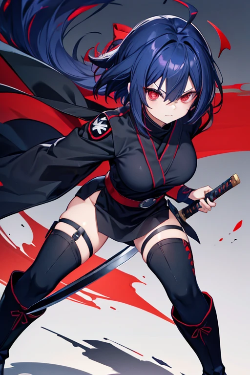 Red eyes, Bob Hair, Large Breasts, Navy Blue Hair, Inner Color, Black Ninja Uniform,anger, Holding the Sword,Ahoge, whole body　short boots,Feels like Demon Slayer
