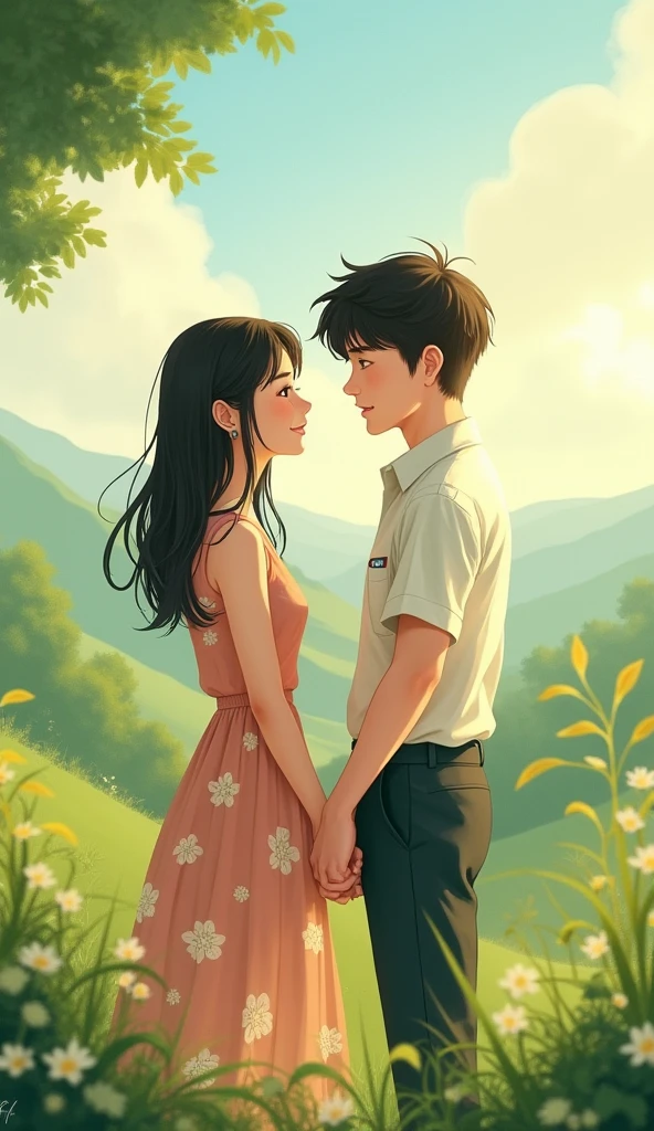 Far view, a boy and a girl are falling in love with each other, they look happy and peaceful, they are in highschool in Vietnam