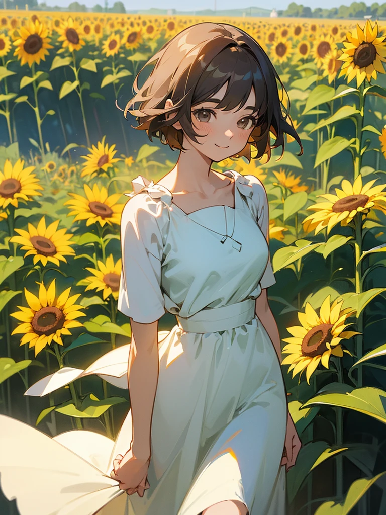  master piece, best quality, for below, cinematic angle, upper body , pigeon toed,  
Anime-style Moe illustration, summer vacation theme, 20-year-old woman, sunflower field, short hair, 
Picnic Maxi Dress, slightly inner thighs, smile, accurate drawing, Active pose, Active Angle, 