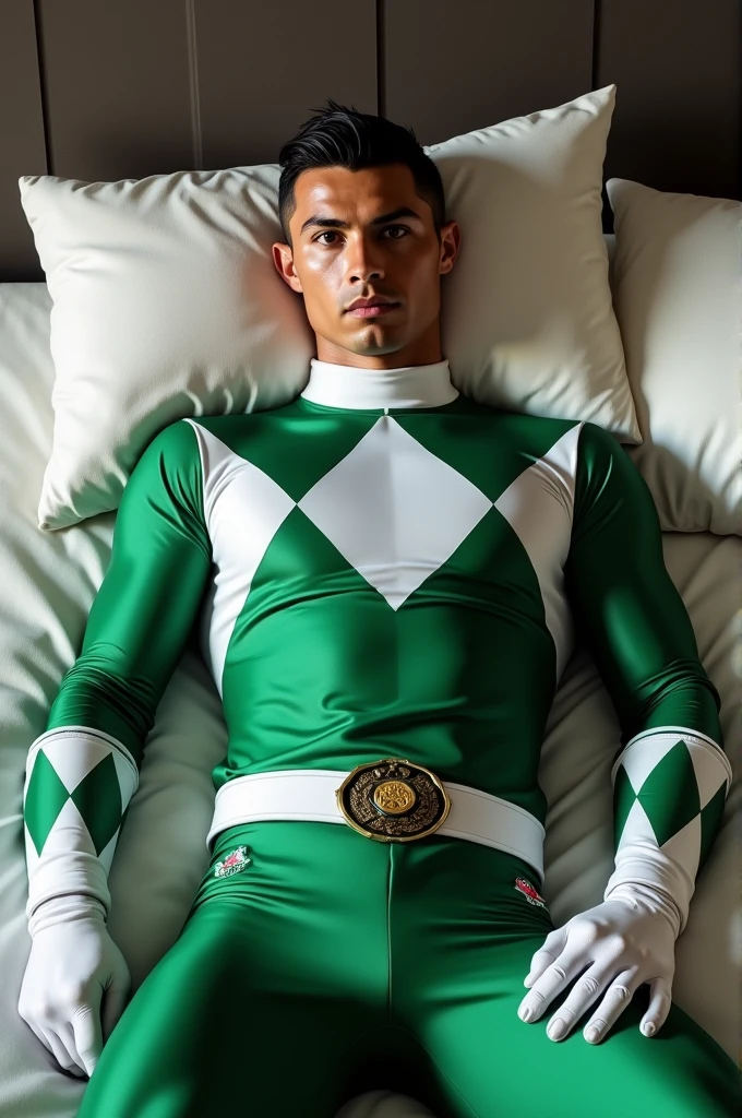 Cr7 traje del green ranger mighty morphin(without helmet) , lying on a bed, Without beard, looking to the camera 