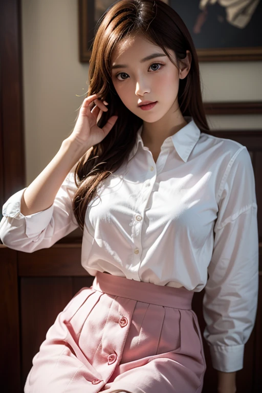 (Detailed beautiful eyes and detailed face, Masterpiece Side Light, masutepiece, Best Quality, Detailed, High resolution illustration), (1 girl, Beautiful Girl, Shiny skin, Looking down, Looking at Viewer), ( Sky Blue Long Hair, Pink eyes, Skirt, bow ribbon, button-down shirt) 45 degree, upper view, Sideways, (Hand Detail),Shoulders exposed skin,No makeup,Creative hairstyle,