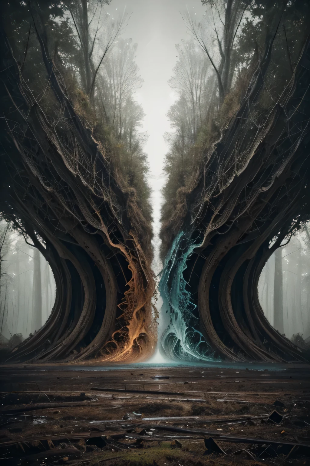 "Create an abstract naturalist illustration that conveys the urgency of climate change with a blend of mysticism and tragedy. The image should feature a split, abstract Earth where one side is composed of fluid, organic shapes representing vibrant forests, flowing rivers, and the essence of wildlife through swirling patterns and colors. The other side should contrast with harsh, jagged lines and dark, muted tones symbolizing deforestation, pollution, and environmental decay. The composition should evoke a sense of natural beauty intertwined with haunting, mystical elements, creating an abstract yet emotionally powerful representation of our planet's fragility."