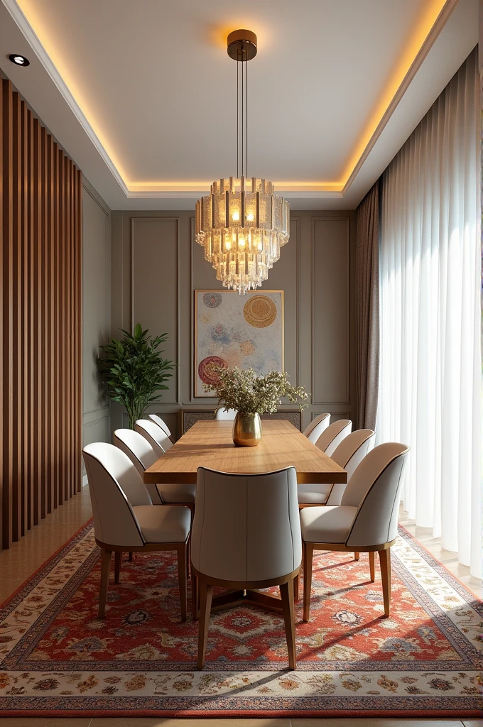 Professional 3d architecture rendering design of modern and French design for living room and dining room with elegant wooden with gold dining table and eight  elegant French chairs and silk Persian carpet and elegant curtains and clothes wall and elegant ceiling lighting 