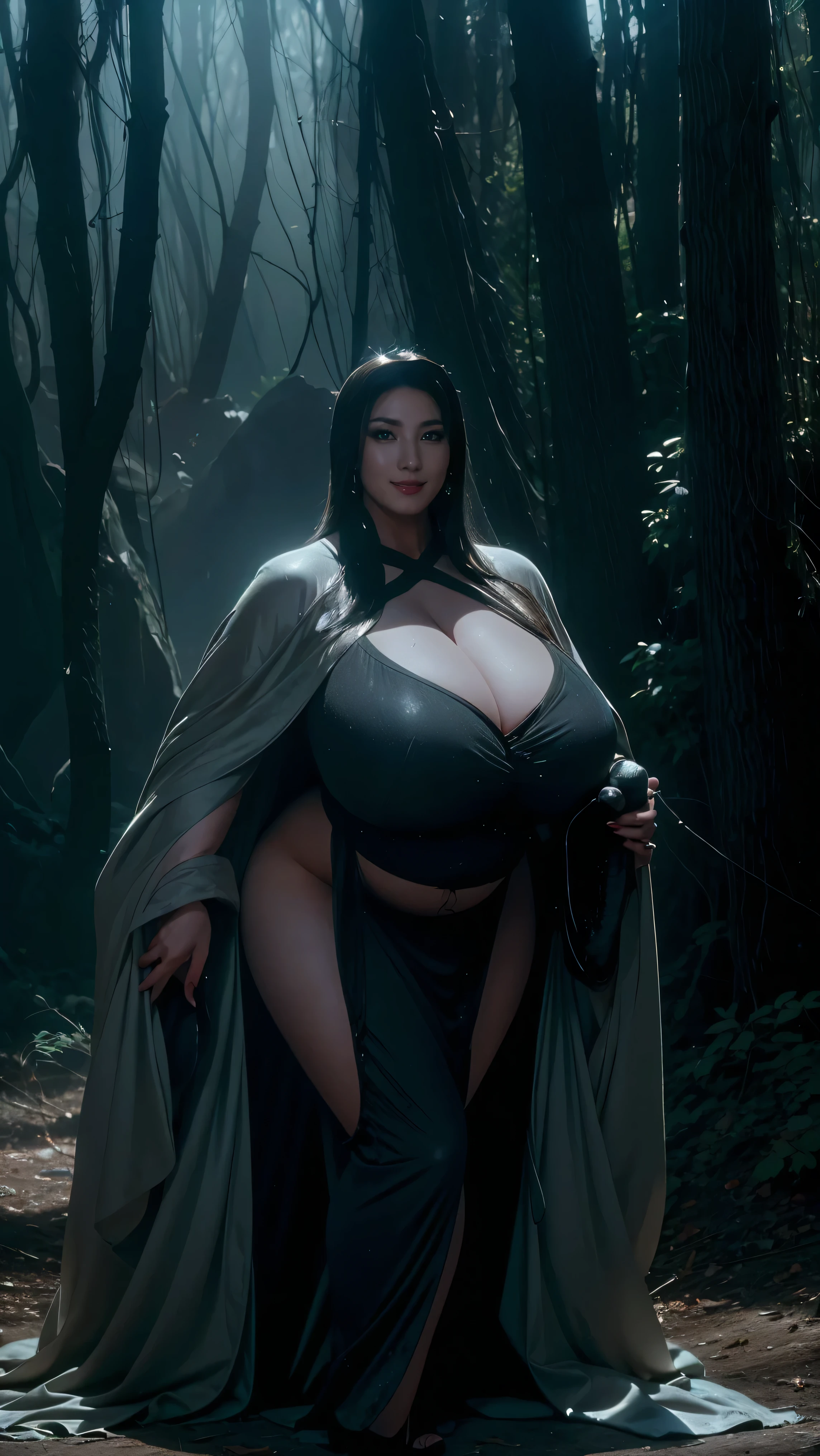 Beautiful middle-aged woman in a gray robe standing in a dark forest, Magnificent style, Octane Rendering, Desert Composition, Beautiful Face, Surreal, Oil on canvas, Award-winning, masterpiece, Trending on Art Station, Studio Ghibli、High heels、Full body portrait、The whole body is projected, (A sadistic smile of temptation), (Curvaceous), ( 信じられないほど大きくてCurvaceousのあるヒップ), (Incredibly thick thighs), (Shining skin), (Wet oily skin), Plus Size Model,Fat pregnant woman、Thick waist、Face of a middle-aged woman with a plump body、Beautiful expression、Big Belly、A 55-year-old pregnant middle-aged woman,