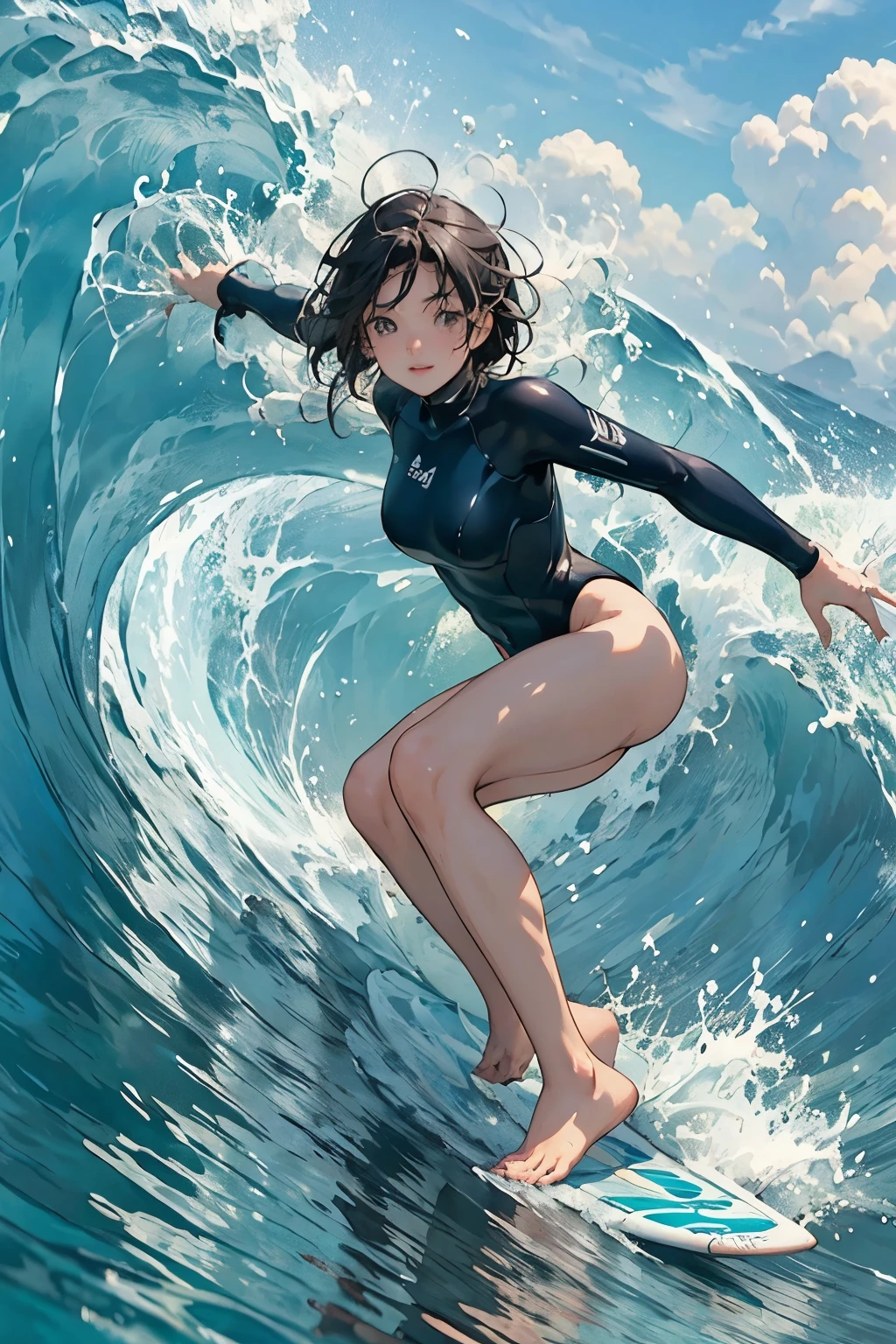 Female surfer riding a wave in the ocean early in the morning、Short Hair、Sexy Wetsuit、surfing、 (Riding a surfboard:1.2)、 big wave surfing、Tube Wave、The breaking waves、surfingの写真、Extreme Sports Photography、(Highest quality, masterpiece, High resolution)、8k、wallpaper
