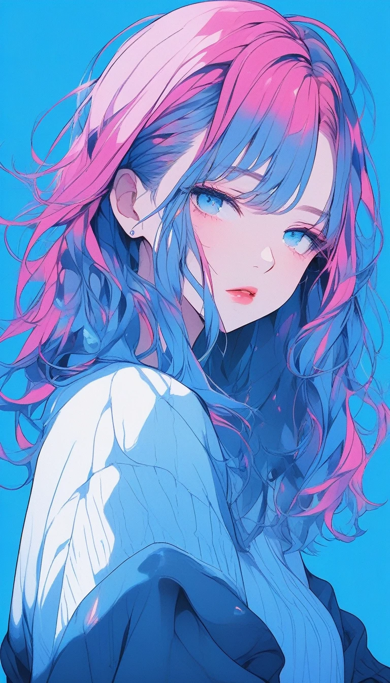 (insanely detailed), (best quality), (masterpiece:1.3), Illustrator, anime , (Hyper realistic), lip, sweater, Blue gradient background, Neon Hair, cinematic composition, dynamic angle
