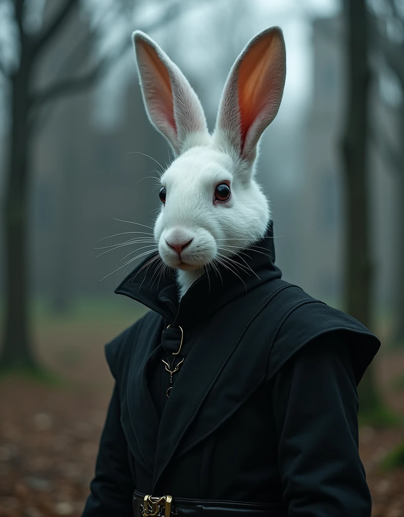 dark fantasy, White rabbit-man with completely black eyes and black clothes, forest and castle background , ritual