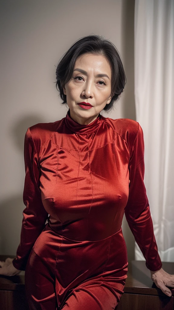 masterpiece, ((Depth of written boundary)), 32K, Beautiful finish, Big Breasts, Beautiful mature woman, 80 years old, Entertainment, Mature prostitution, View from the front, Long face, A disdainful look, Cool look, Flashy makeup, red lips, Thin lips, Tight outfit, Remove Background, Light from the front,