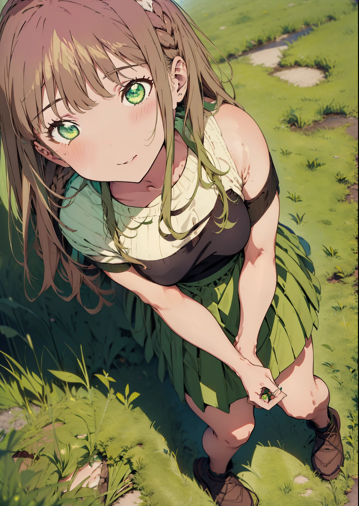 minami yume ,sss Dynazenon ,Long, thick braids, Brown Hair, smile,blush,(Green Eyes:1.5) ,Glasses,Medium Breast,hair band,One-shoulder sweater,Long skirt,Black pantyhose,short boots,Walking,Daytime,Clear skies,whole bodyがイラストに入るように,
break looking at viewer, whole body,
break outdoors, Building district,
break (masterpiece:1.2), Highest quality, High resolution, unity 8k wallpaper, (shape:0.8), (Beautiful and beautiful eyes:1.6), Highly detailed face, Perfect lighting, Extremely detailed CG, (Perfect hands, Perfect Anatomy),