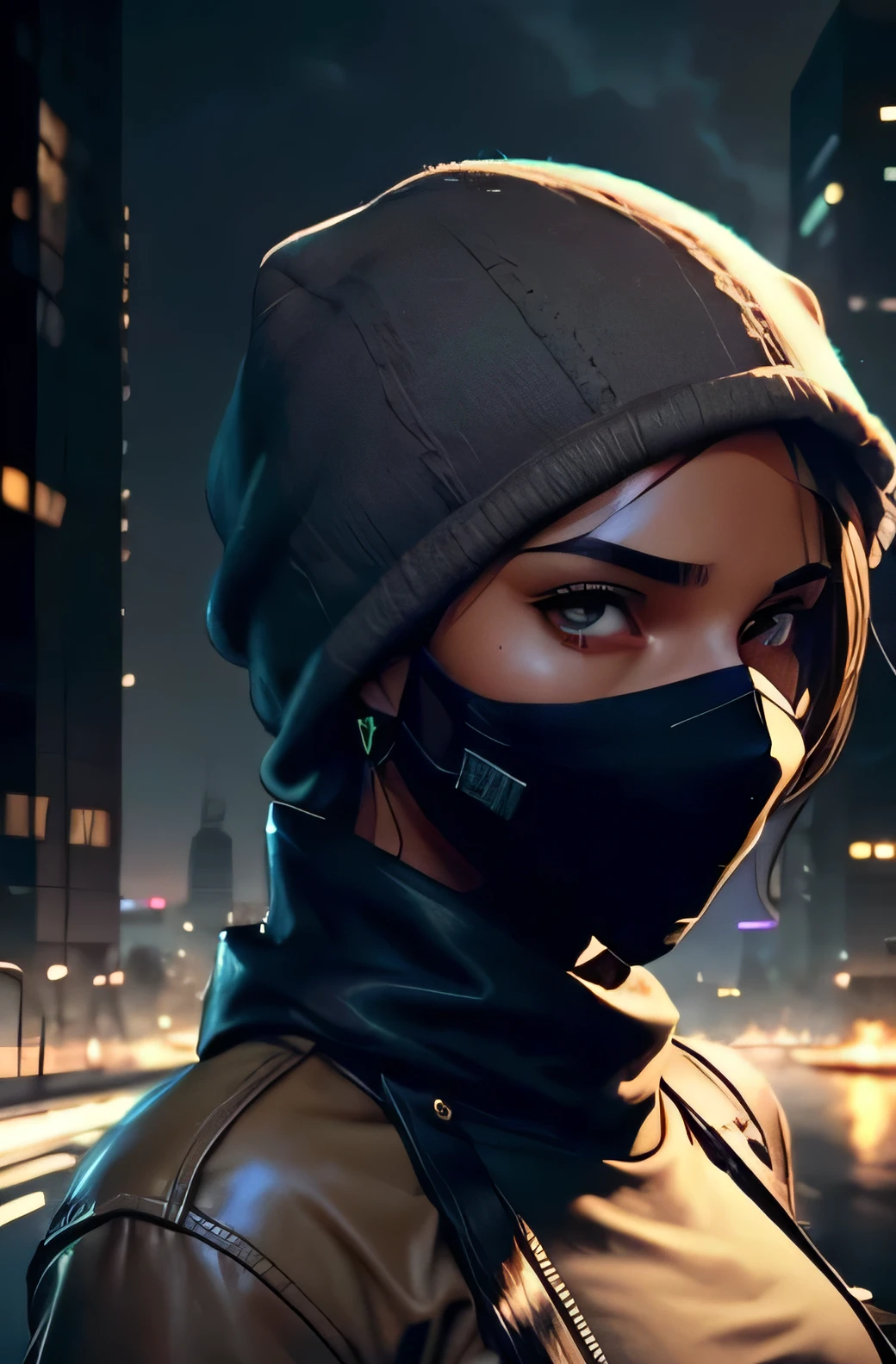 Create a genderless character, with medium hair, engaging light brown eyes, and tanned, slightly dark skin. The character wears a balaclava or a cap with her face darkened by shadows caused by indirect lighting. The setting is science fiction, with neon colors in the background or a very modern city in the background with large buildings. The atmosphere is mysterious