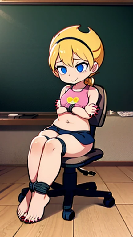 1 girl, miniskirt, smile, blond hair, fitted crop top, thighhighs, full body, dynamic angle, in the classroom,((( 5 toes, black toe nails, Focus full body, sitting on a chair, tied ankles together,tied arms, with no shoes,)))