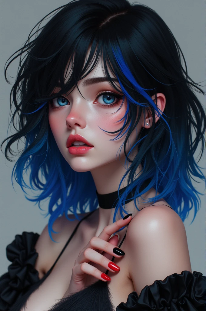 A femboy with black hair, blue highlights. Black nails except for the index finger which is painted red. Wearing a sexy outfit