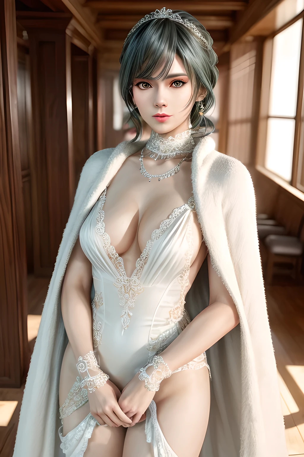 A lady with extraordinary temperament, she stands in a modern indoor space, as if she is a model from a fashion magazine. She is wearing a (pure white long fur cape), the softness and luster of which makes her look more noble under the light, and complements her (beige dress) underneath, showing her gentle temperament while maintaining a sense of fashion. The style of the dress is simple and generous, a perfect match, and it lengthens her figure, making her tall and charming. The lady's makeup is delicate and elegant, which just highlights her facial features and makes people unforgettable at first sight. Although the earrings and necklace she wears are not ostentatious, they add a bit of sophistication and nobility to her overall look. Her hair is casually draped over her shoulders, and every strand of hair exudes a natural luster,, (best quality,8k,highres,masterpiece:1.2),ultra-detailed,(realistic,photorealistic,photo-realistic:1.37),studio lighting,ultra-fine painting,sharp focus,physically-based rendering,extreme detail description,professional,vivid colors