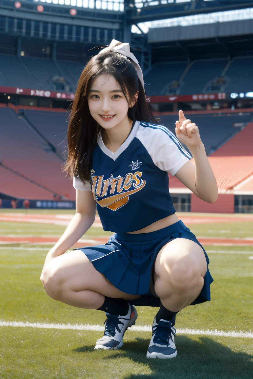 masterpiece、Highest quality、Detailed face、Japanese women、Woman in her 20s、Stadium、Cheerleader、Dynamic pose、Skirt flips、squat