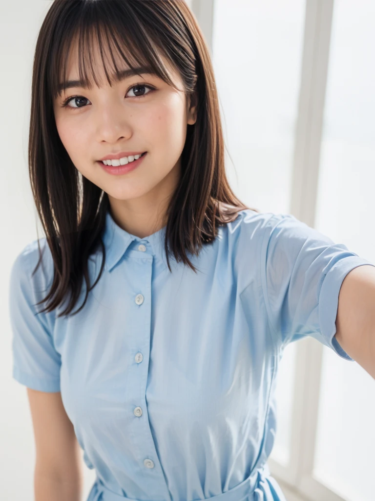 1girl, 25 years old woman, (perfectly detailed face), cute face, beautiful face, Small breasts, medium breasts, large breasts, ((looking at viewer)), smile, light smile, White skin, Simple Background, (((white background))), ((white wallpaper)), Indoor, (bright lighting:1.2), perfect lighting, photorealistic, (bokeh), UHD, anatomically correct, highres