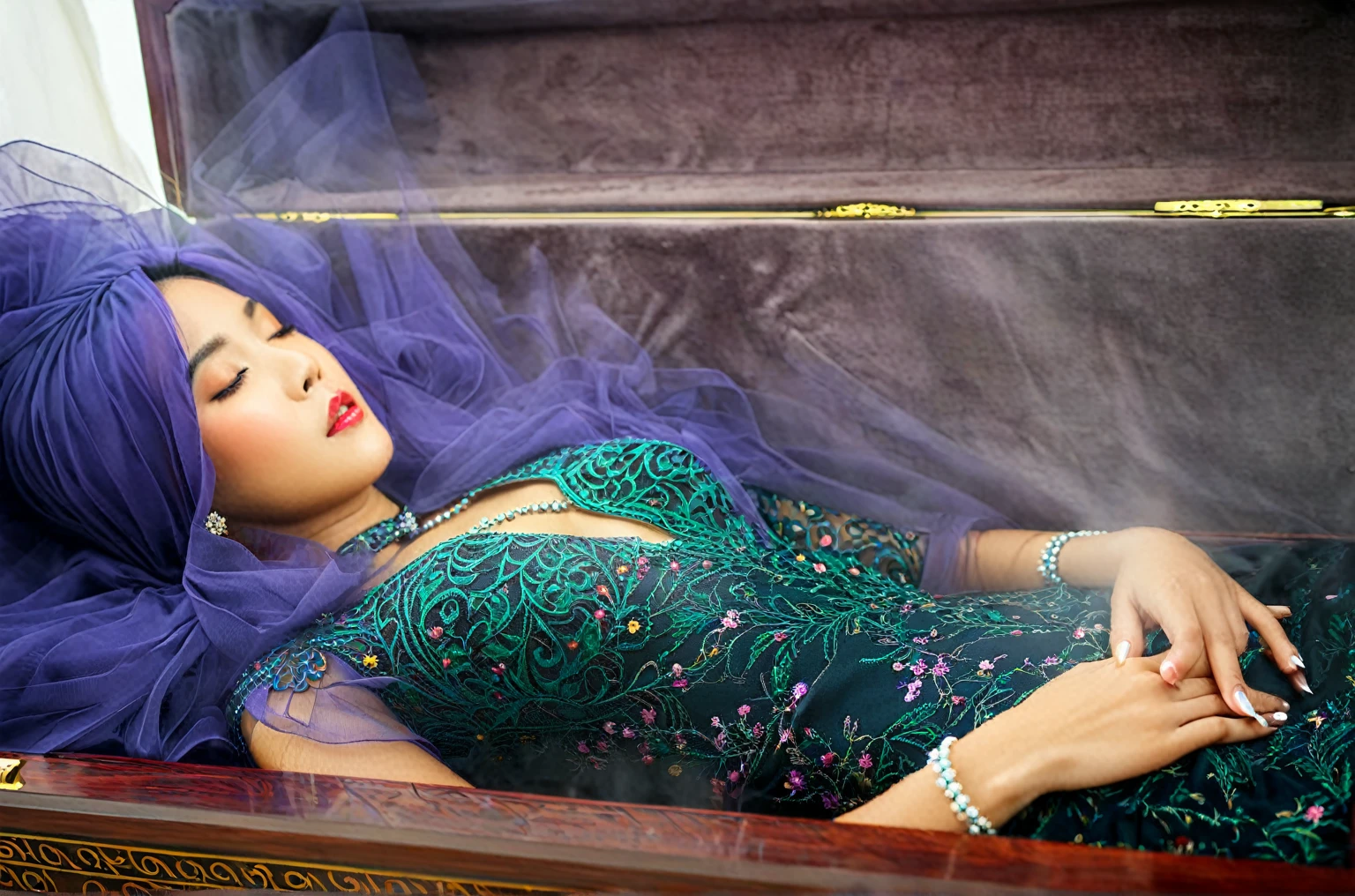 In a striking 8K HDR scene, a stunning Korean woman, 22 years old, lies peacefully in a long coffin and coffin lid beside the dead body. surrounded by plush pillows behind head. The deep box is set against a rich white background, accentuating the beauty of the subject. Her exquisite deep-V neckline kebaya attire is embroidered with superb detail, showcasing her round and firm breasts, perfect cleavage, and beautiful eyebrows. Her closed eyes and mouth give an air of serenity, while her visible and absolute cleavage leave nothing to imagination. The scene is bathed in saturated colors, highlighting every intricate aspect from the ball skirt to her clean face, straight body, detailed hand perfect hands, straight body, own hands together, own hand on stomach, detailed hands, perfect hands, holding the flowers, interlocked fingers