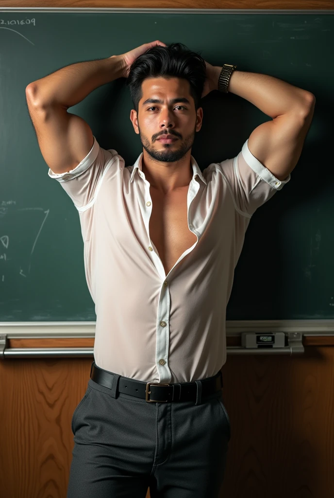 Chinese-korean Idol man ,(hot,sexy,attractive:1.2),hunky male professor with hairy muscles,button-up shirt torn open,suit pants,full,thick,wear shirt, open chest shirt, showing off body, toned abs and full chest,big dick,pubic hairs, clean-shaven with neatly cut,sitting on classroom desk,confident gaze,classroom setting,blackboard with equations and formulas,Legs wide open, hand touching crotch,vibrant chalk colors,academic books and papers scattered on desk,messy hair,dedicated to teaching,lewd smile,lots of student attention,dreamy atmosphere,serious yet approachable vibe,HDR,ultra-detailed,physically-based rendering,sharp focus,vivid colors,wear glasses,six pack ,sexy poses,, push groin up