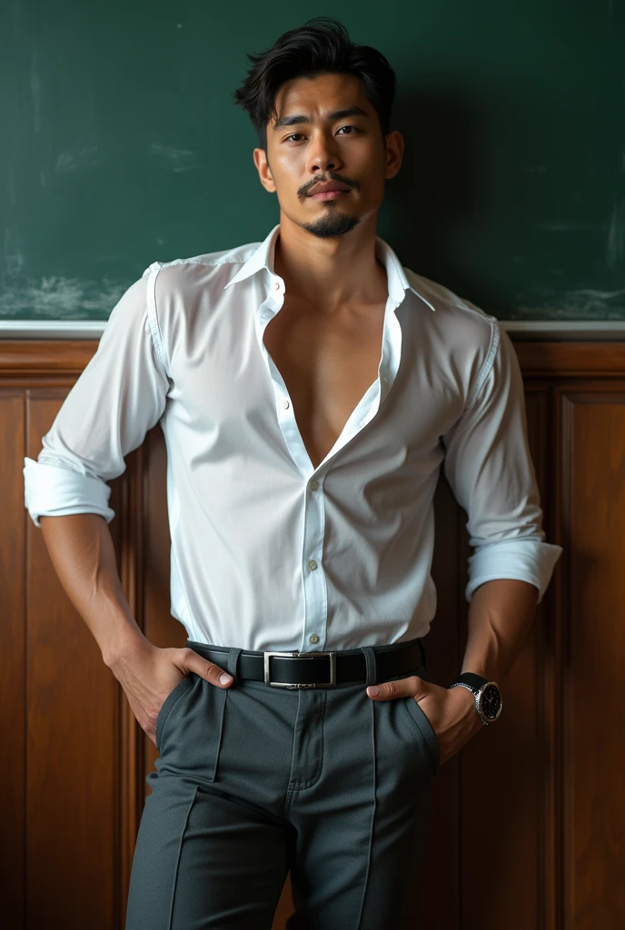 Asian man, 30 years old, Handsome and elegant,beardless, Wearing a  transparent shirt, sexy , Masculine and handsome，musculous，Muscles look good，hairy bodies, with fair skin,, Full body photo,(ultra-detailed, photorealistic, best quality, 4k, 8k, highres, masterpiece:1.3), charming  , (muscular build body), wearing tailored shiny  dress shirt, with the top button casually undone, perfectly fitted charcoal trousers, sweat, unbutton buttons shirt, lewd face ,tight chest, sex, erotic, horny, look straight, Accessories include a luxury wristwatch in the Classroom‎,looking at viewer,muscle veins, sexy posing,lying on your back in classroom,top view