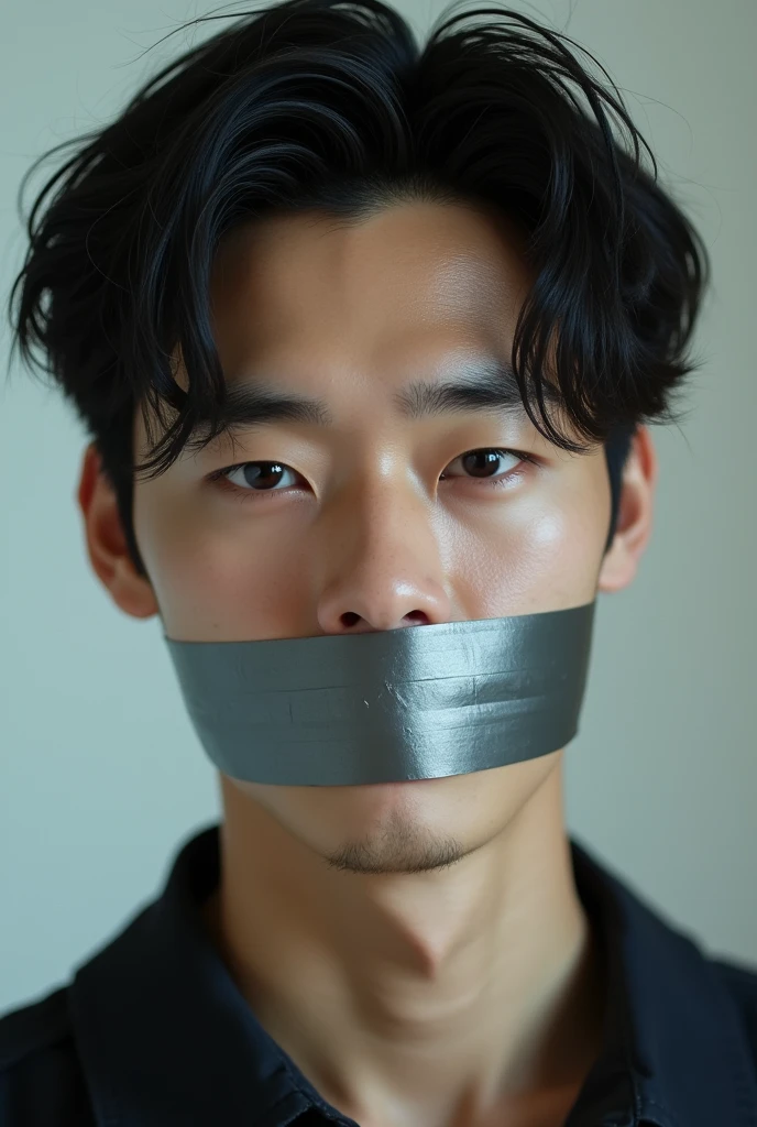 A handsome Japanese man with perfectly white teeth but with his mouth sealed in duct tape