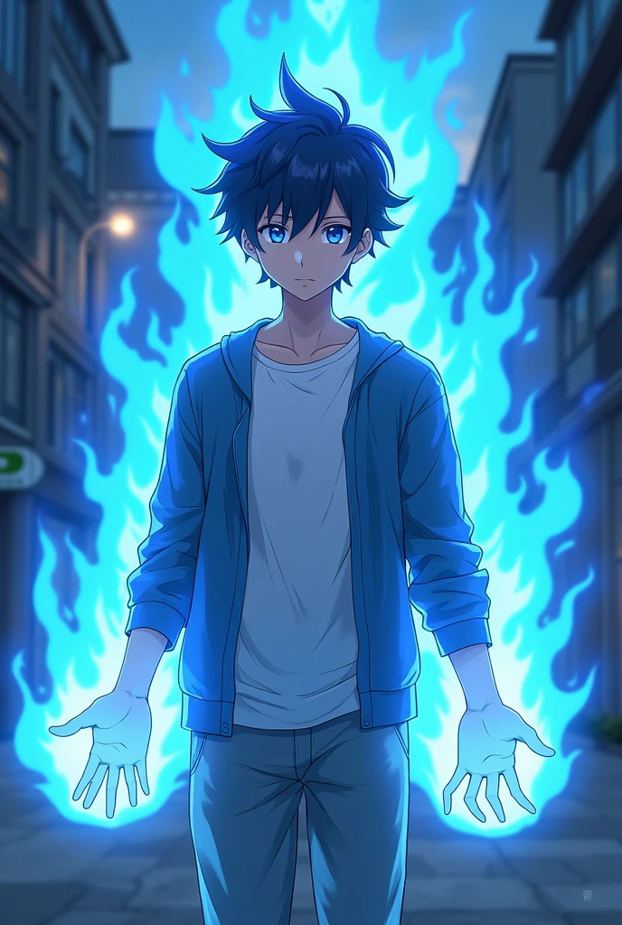 A 28-year-old young man who has blue eyes as well as his hair. He has a sweatshirt and a white t-shirt underneath., He also has some comfortable pants. Has a blue fire power, anime.