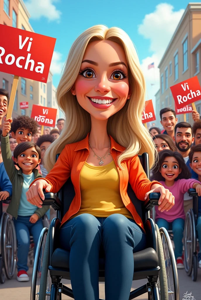 I am a wheelchair user, white, have brown eyes and long blond and dark hair and I am a candidate for councilor.. I would like you to create a caricature of a wheelchair user in front with a yellow and red blouse and happy and a crowd of happy men, women and in the middle of the crowd children and adults in wheelchairs and holding signs with the name Vi Rocha in red.