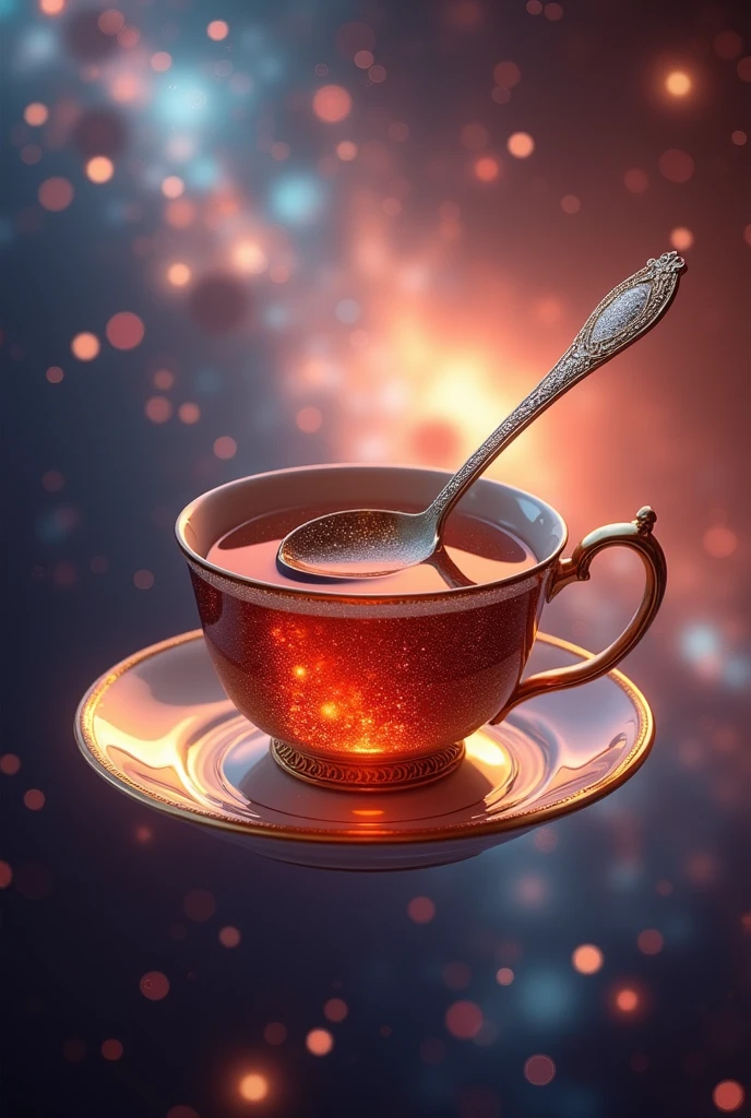 A luxurious tea spoon and a delicate tea cup set against a dazzling cosmic backdrop. The tea spoon, adorned with intricate patterns, and the finely crafted tea cup, filled with a rich, aromatic tea that shimmers like stardust, float gracefully in space. The tea cup's surface gently ripples, reflecting the vibrant colors of the nebulae and galaxies around it. Both items are bathed in ethereal, otherworldly light, with the cosmic scenery creating a sense of elegance and grandeur. The overall scene blends high-class sophistication with the breathtaking beauty of the universe.