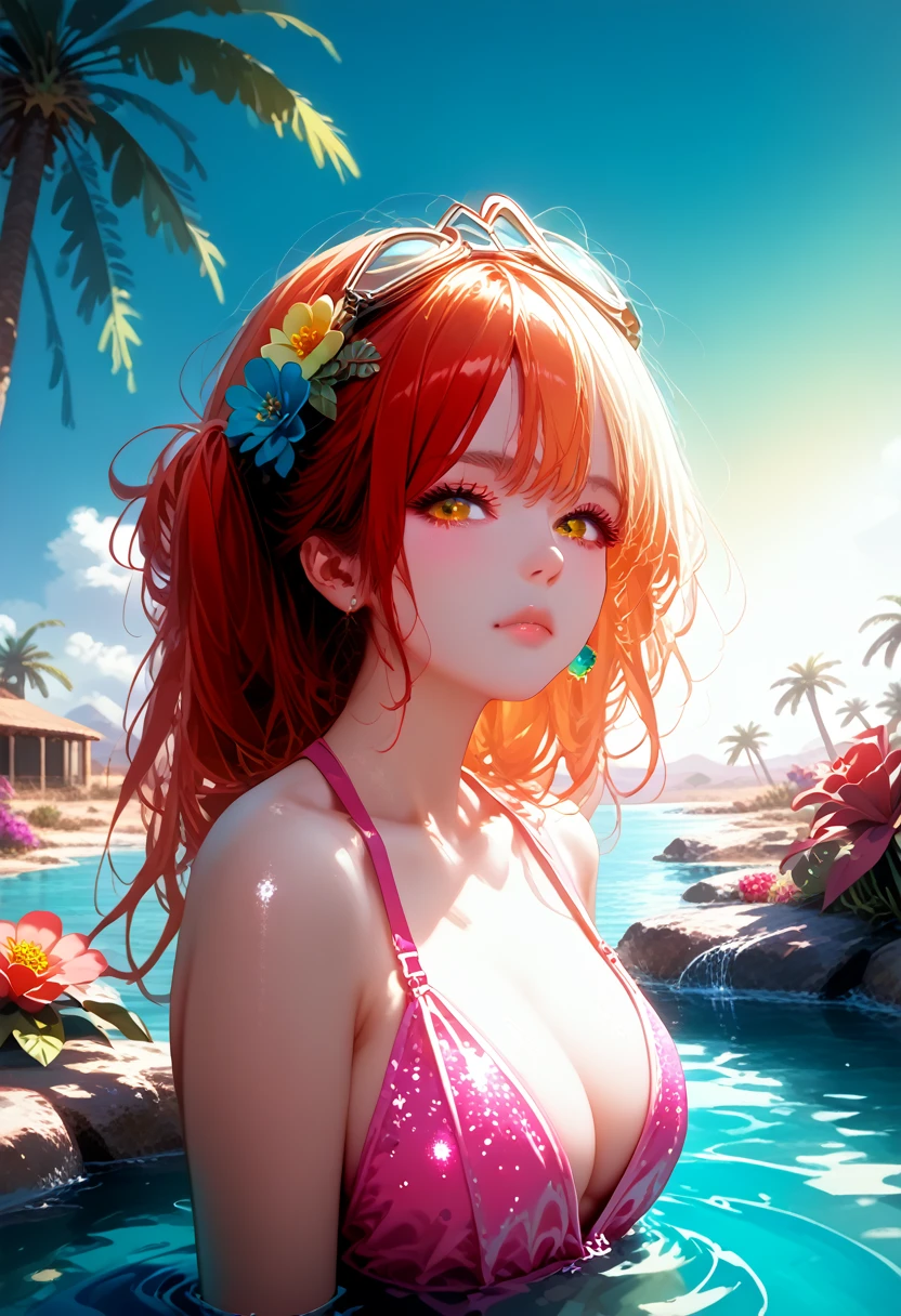Beautiful Girl with a Nice Figure, Nearby Camel, sexy, Standing tall at the Oasis in the Desert, Bowing His Head to Drink Water, scoops up water with his hand,looks at the viewer, Two hair colors(Bright red with yellow), The glitter falls on her,Very Colorful Picture, bright colors, masterpiece, Palm trees and greenery around the Oasis, Ripples on the water, Clear and Colorful Details, some Thorns and Flowers,pfstyle ,cinematic film still,score_9,score_8_up,score_7_up,masterpiece,best quality,8k,source_cartoon,source_アニメ