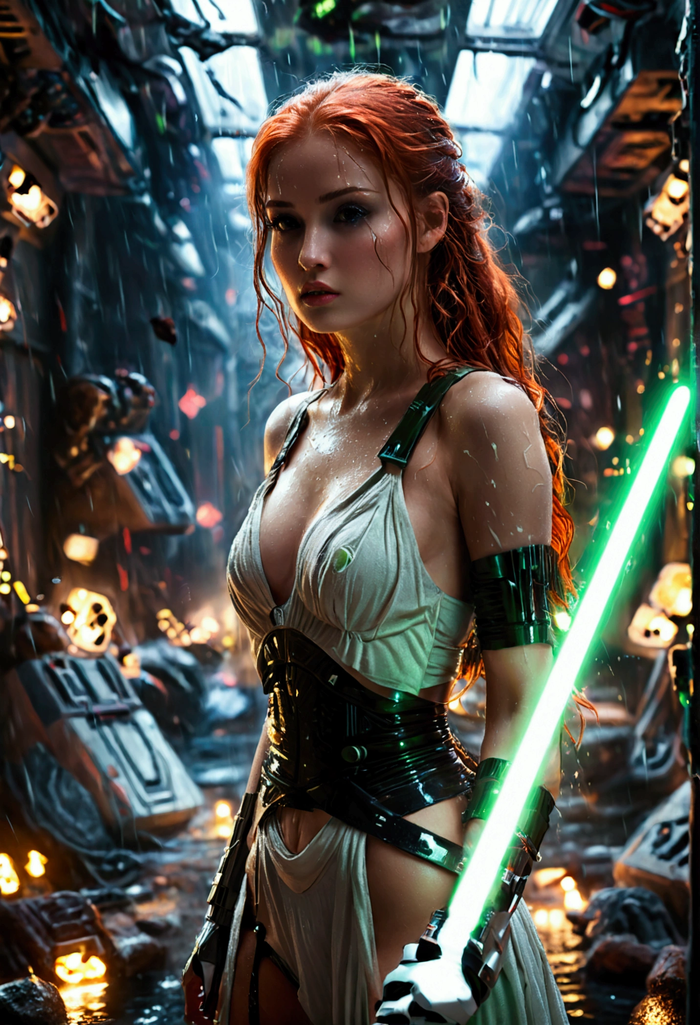 (full body shot:1) photorealistic image of a (standing pose:1) woman, ultrarealistic, photography, long red hair, woman, 24 years old, hourglass figure, perfect body, seductive look, natural medium breasts, blur background, in complete darkness, she is wearing a light jedi robe, she is holding a green lightsaber, the lightsaber is the only lightsource, on a dark destroyed space colony outside, it is raining, there is lightning in the background, she has her back to the camera, she is facing an army of stormtroopers, she looks into the camera, long sexy legs, wet clothes, wet hair