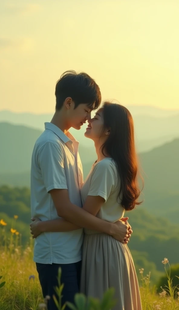 Far view, a boy and a girl are falling in love with each other, they look happy and peaceful, they are in highschool in Vietnam, a boy hug a girl, both they close their eye