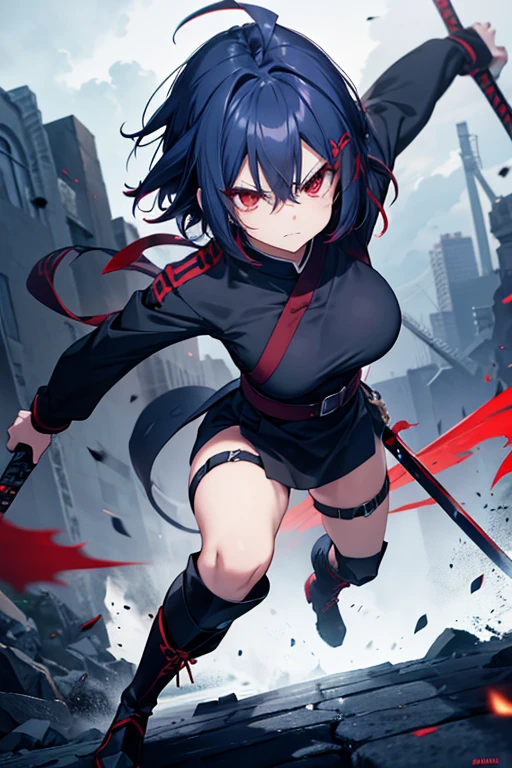 Red eyes, Bob Hair, Large Breasts, Navy Blue Hair, Inner Color, Black Ninja Uniform,anger, Holding the Sword,Ahoge, whole body short boots,Demon Slayer-like action scenes