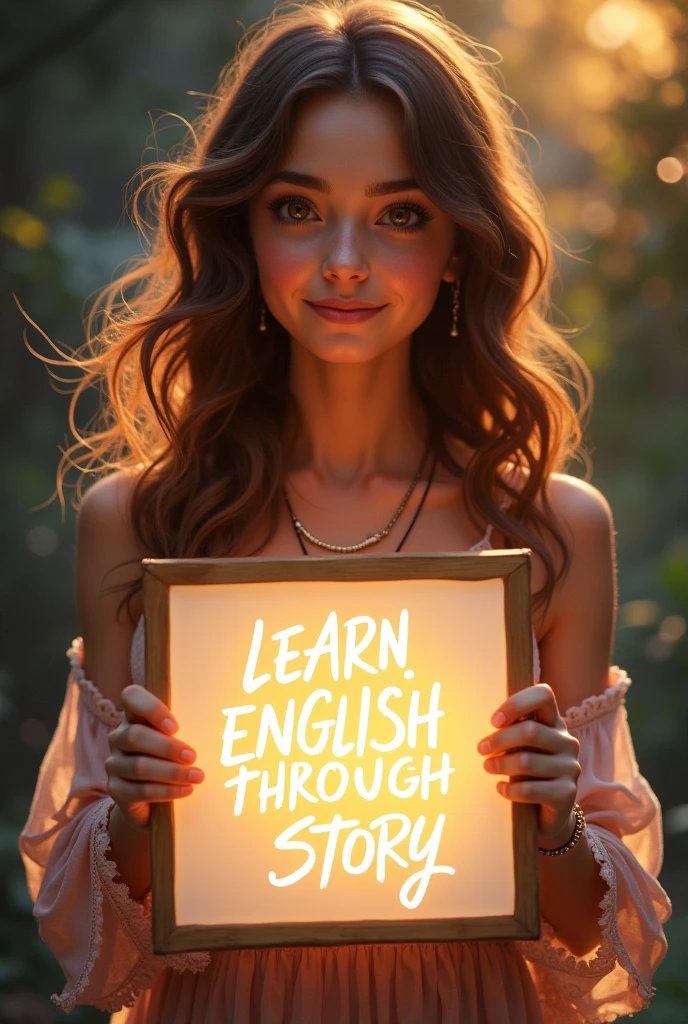 Beautiful girl with heart-warming smile and wavy long hair, bohemian dress, holding a white board with text "learn English Through Story" and showing it to the viewer, the board is glowing with the text.