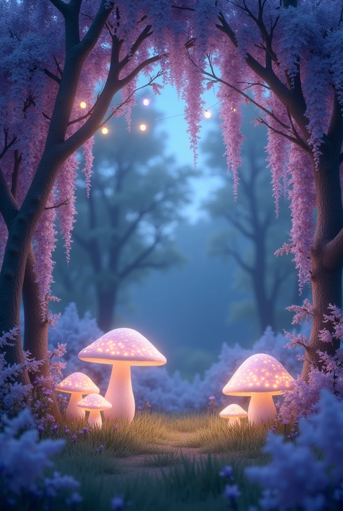 The invitation will feature an enchanted scene of a secret garden at dusk.. At the center, there will be a frame of white mushrooms of different sizes, some with a slight glow, in a field of soft grass. Wisteria flowers hang delicately from the surrounding trees, with soft purple and lilac tones, creating a cascading effect that wraps around the top of the invitation.

At the center do convite, in elegant, golden letters, will be the text of "Come celebrate my 15th birthday with me in a magical world, where flowers dance and secrets are revealed.

**[MariaDhyala]**  
invites you to a special night!

🗓 date: [September 28, 2024]  
⏰ Time: [19:30]  


Come dressed(a) to shine in this secret garden!" or other personalized message. The background will be illuminated by soft lights, simulating a magical environment, with little fairy lights twinkling among the flowers and mushrooms, giving an interactive and mysterious touch