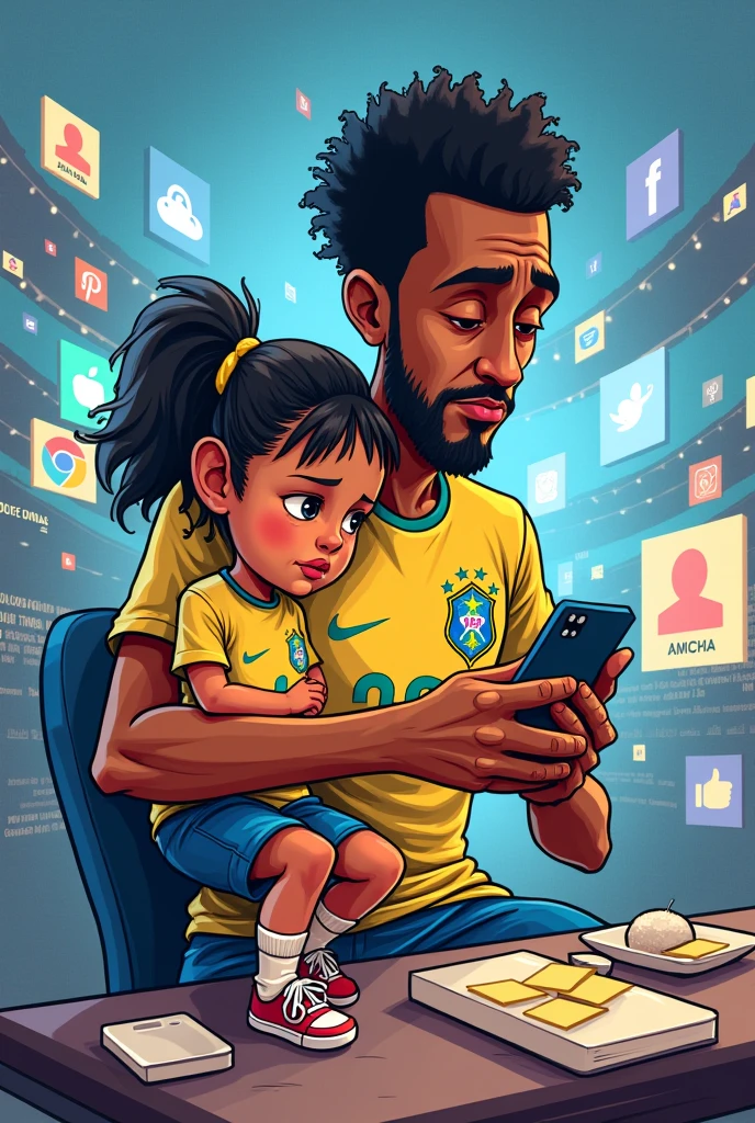 cartoon about the player Éder Militão using his daughter just to gain likes on social media but not caring about the child personally 