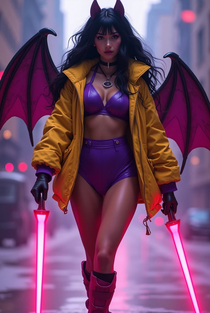 Rihanna : The evil nun, Demon horn, Demon wings on the head , sexy robe de nonne, Powerful bolts of destructive purple energy shoot out of his hands, diabolique, insidieux, His powerful magic hits the buildings of a city , Context of the Satanic Church, detailled eyes, detailed hands