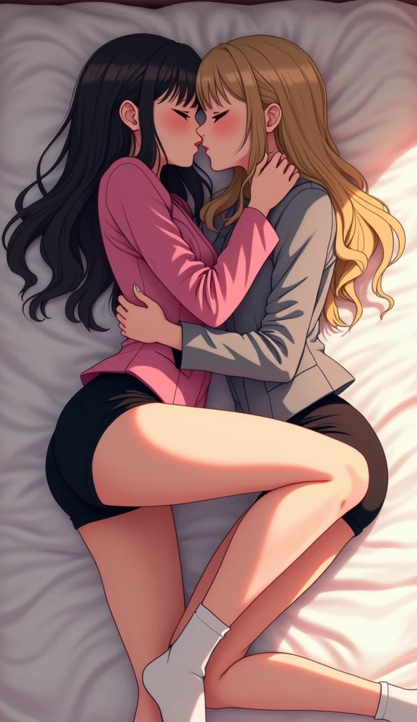Two girls, yuri,(The first girl wear a pink suit, black pencil skirt, black underpants, white socks) and (The second girl wore a grey suit, black pencil skirt, black underpants, white socks), hugging, lesbian kissing, sensual body, closed eyes, wrapped in a white blanket, lying on the bed, bedroom, novel cartoon, 4K, HD
