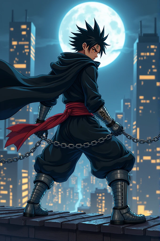 create a warrior, strong, black hair, spiky hair, orange eyes, a kanji tattooed on the cheek, scar on the left eye, silver gloves, silver boots, black ninja tunic, black cape, red cloth bandana, red waistband on the waist, holding chains, battle pose, standing, full body, on top of a building, in the city, buildings in the background, at night, moonlight, by gege akutami