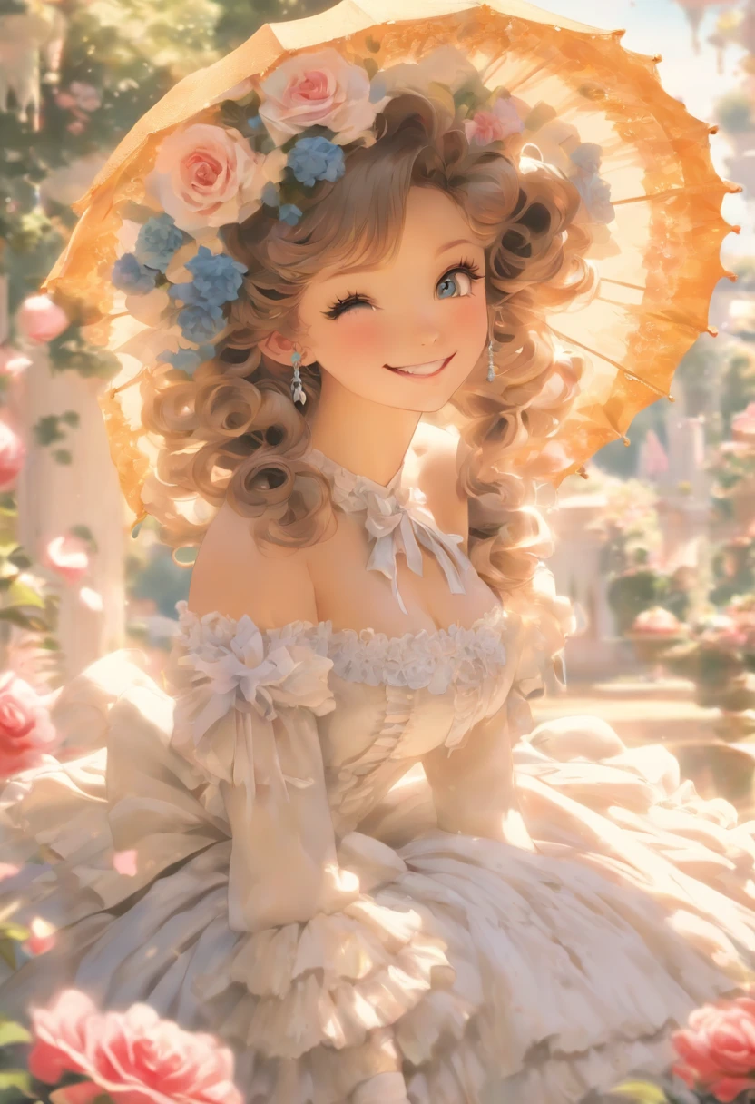 Gothic Lolita、Western Pavilion、parasol、smile、woman、Invite、Highest quality、Blue Rose Garden、Big Breasts、valley、Fantasy、Black and white dresses、Big Breasts、Chest、valley、
